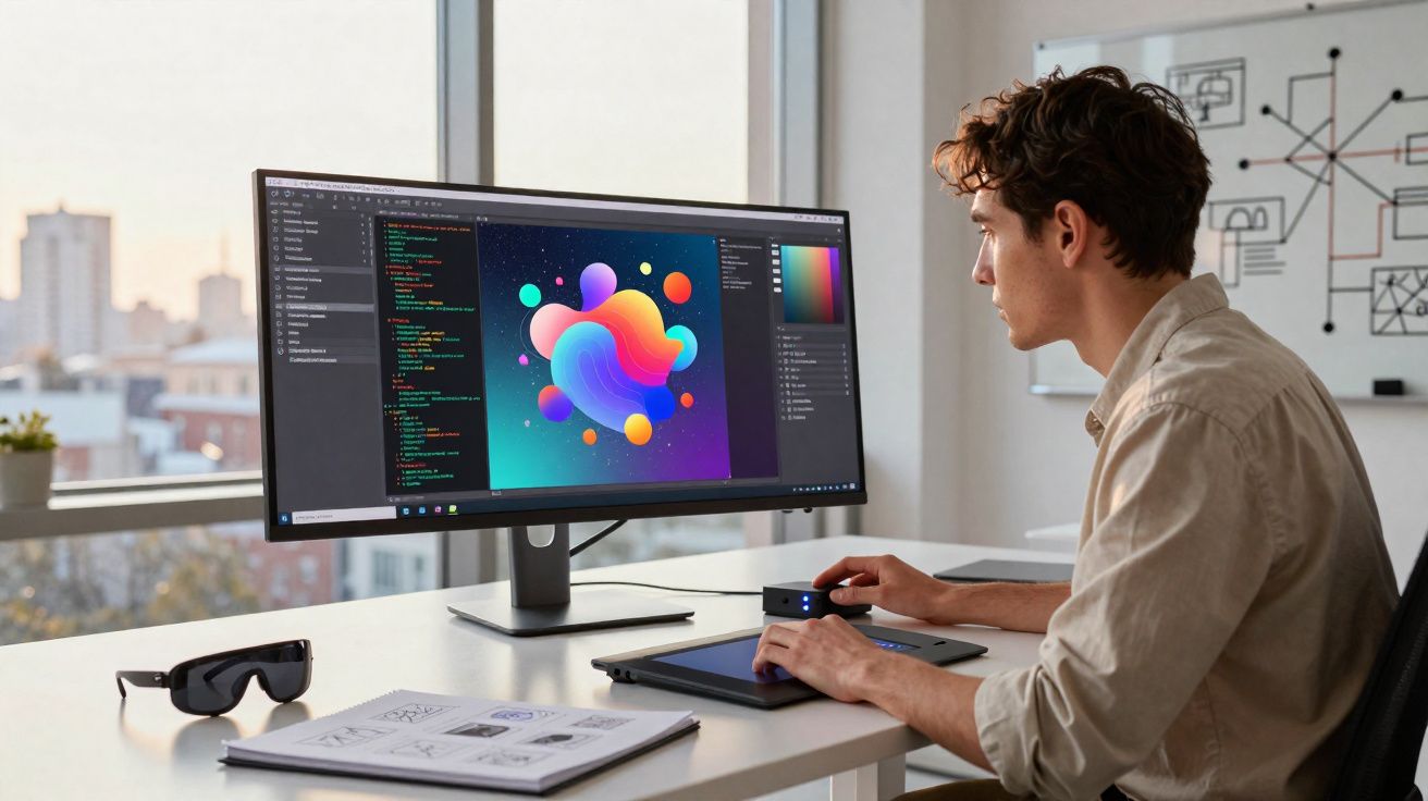 Jovem sentado à mesa usando computador e tablet gráfico para criar arte digital colorida em escritório iluminado.