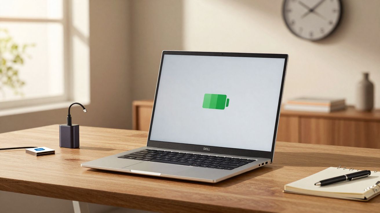 Notebook Dell carregando sobre mesa de madeira com caderno, caneta e relógio ao fundo.