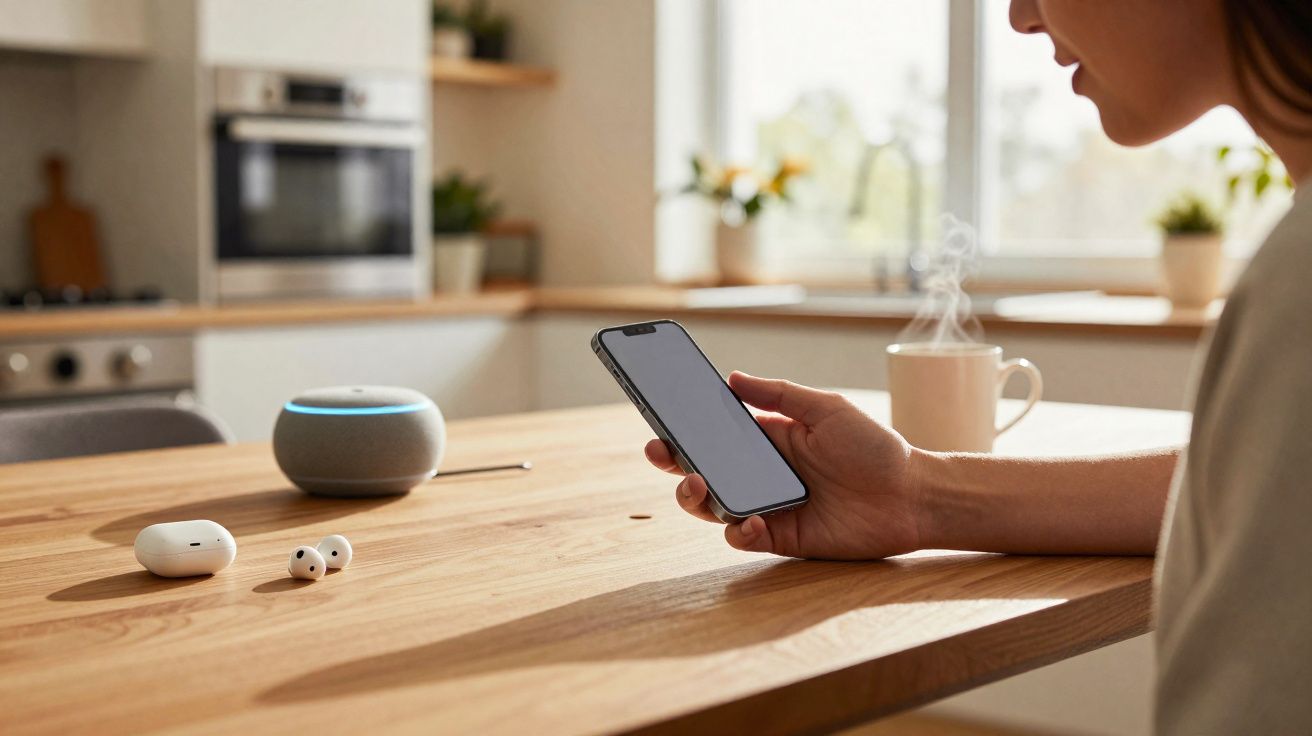 Pessoa segurando smartphone em cozinha com copo de café, caixa de som inteligente e fones de ouvido sobre mesa de madeira.