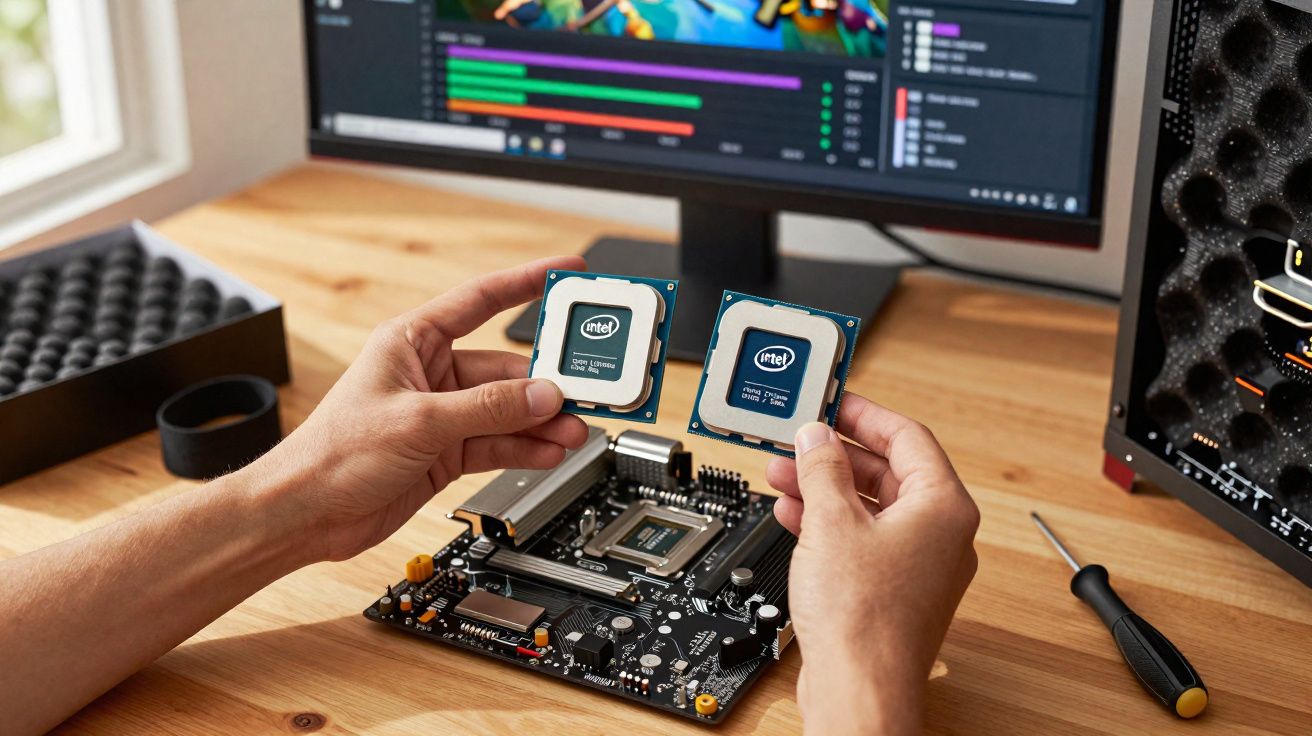 Pessoa segurando processadores Intel sobre placa-mãe em mesa com computador e monitor ao fundo.
