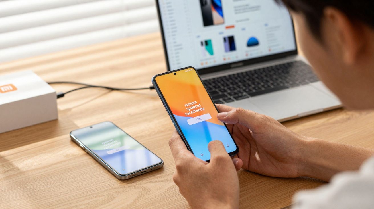 Pessoa segurando smartphone com mensagem de atualização concluída, ao lado de outro celular e notebook.