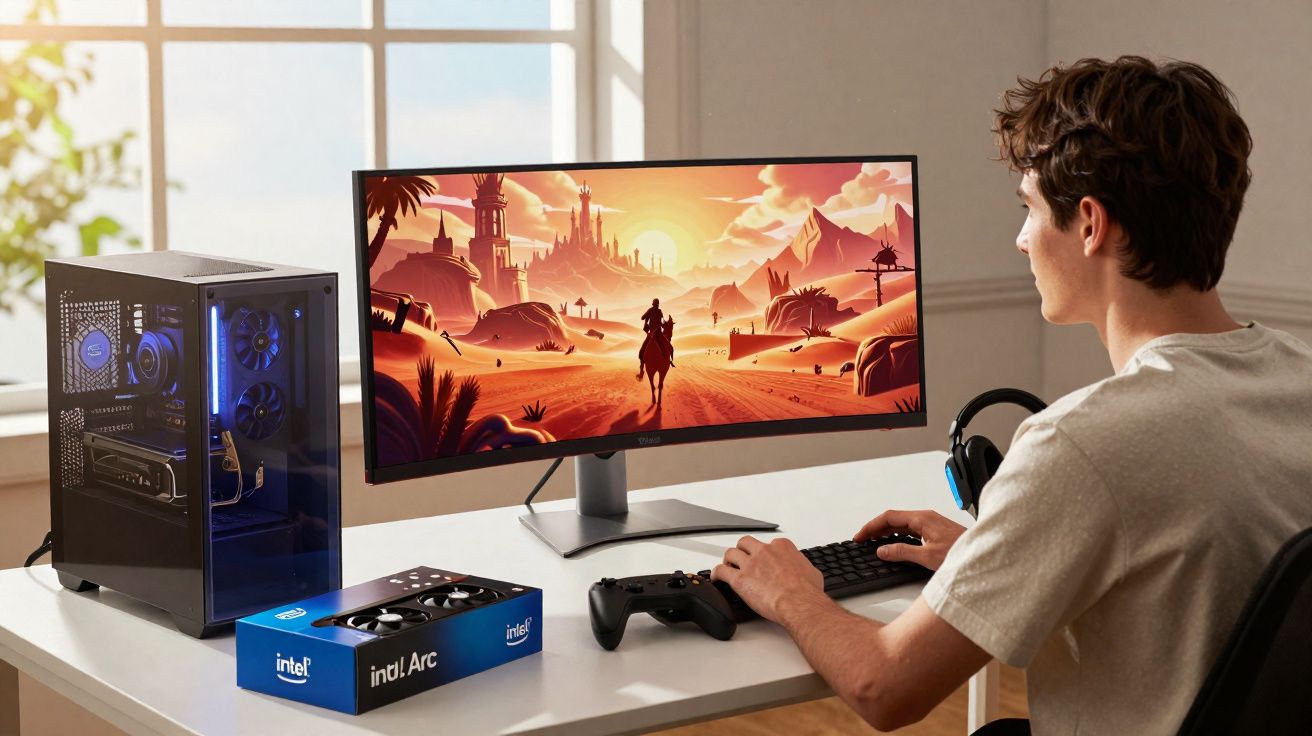 Jovem sentado em mesa com computador gamer, monitor ultra wide e jogo de aventura medieval na tela.
