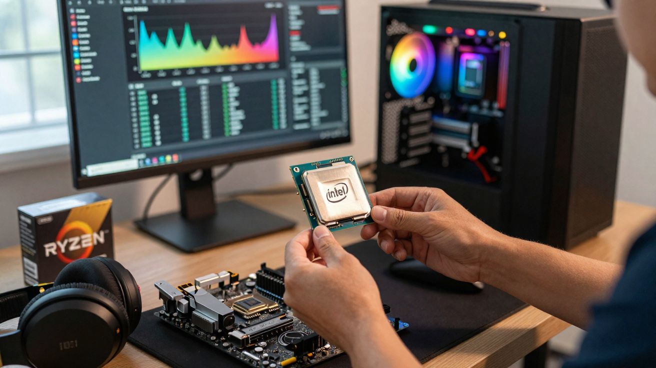 Pessoa segurando processador Intel sobre mesa com placa-mãe, fone de ouvido, caixa Ryzen e computador com luzes RGB.