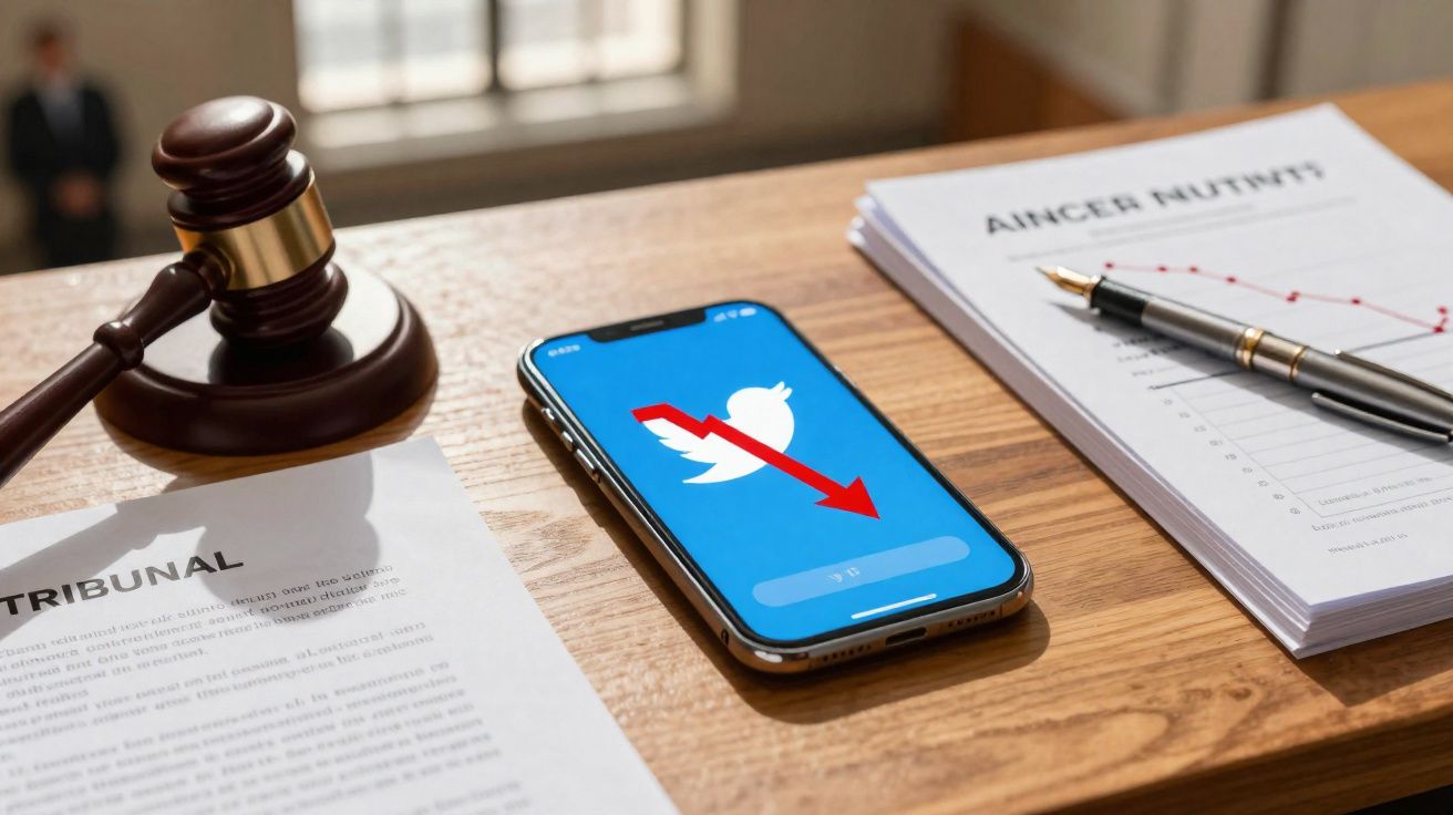 Martelo de juiz, documento judicial, celular com logo do Twitter em queda e gráfico com caneta sobre mesa de madeira.