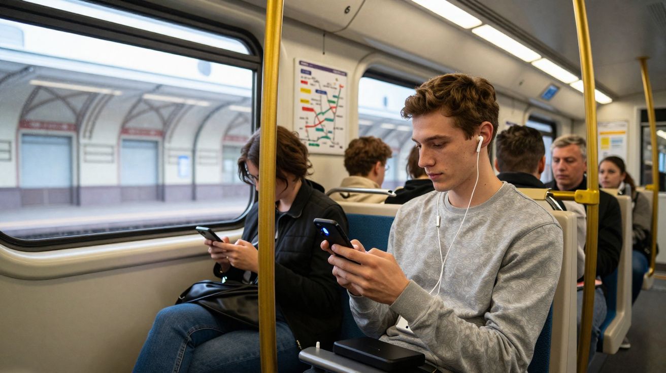 Passageiros no metrô usando celulares, sentados e focados em suas telas.