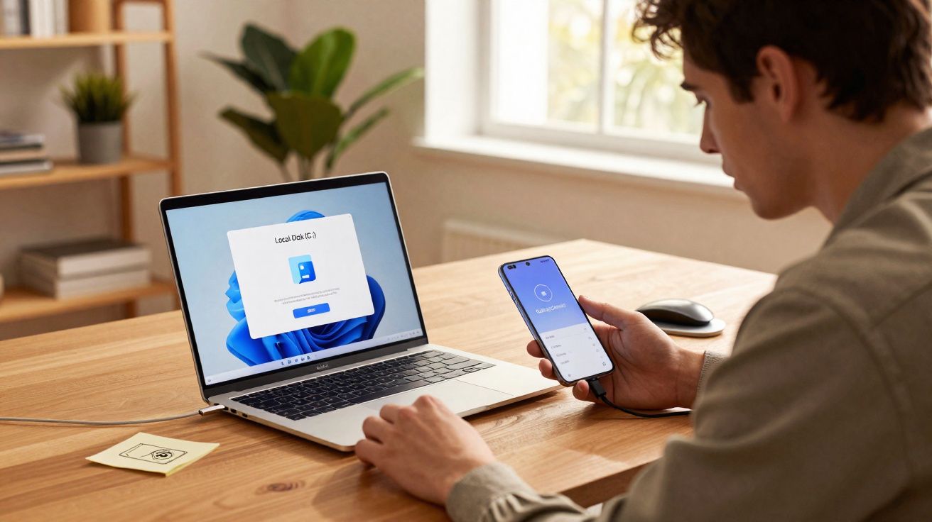 Pessoa sentado à mesa usando laptop conectado a smartphone para transferência de dados em ambiente claro.