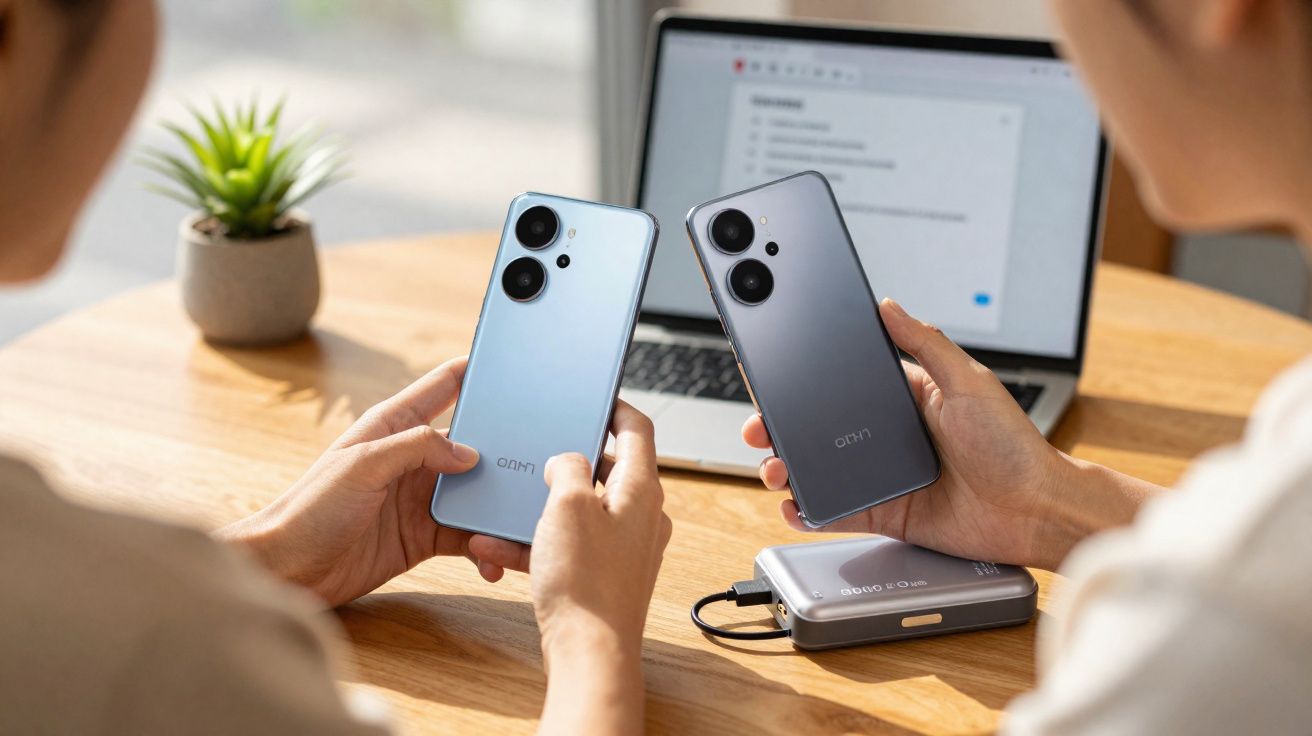 Duas pessoas segurando celulares Lumo azul e cinza, com laptop e planta sobre mesa de madeira.