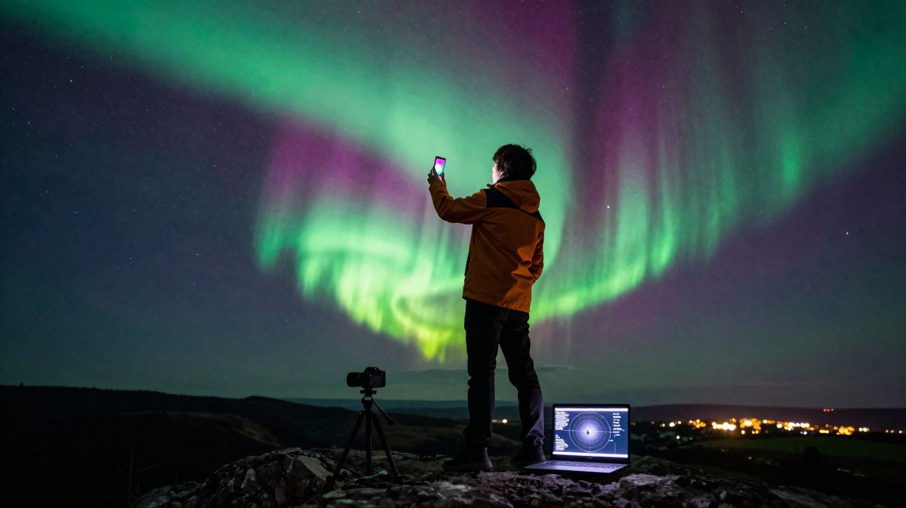 Pessoa de casaco amarelo fotografando aurora boreal com celular em área aberta à noite.