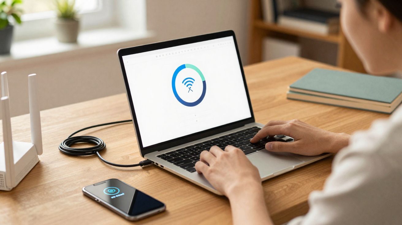 Pessoa configurando conexão Wi-Fi no notebook, com celular e roteador sobre mesa de madeira clara.