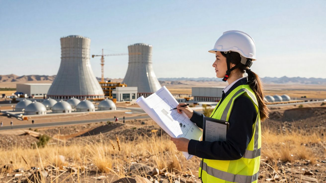 Engenheira de segurança com capacete e colete refletivo analisando plantas em usina industrial ao ar livre.