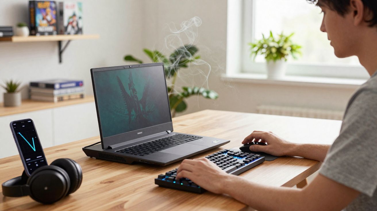 Pessoa usando notebook e teclado separado em mesa de madeira com fone e celular ao lado, ambiente claro e plantas ao fundo.