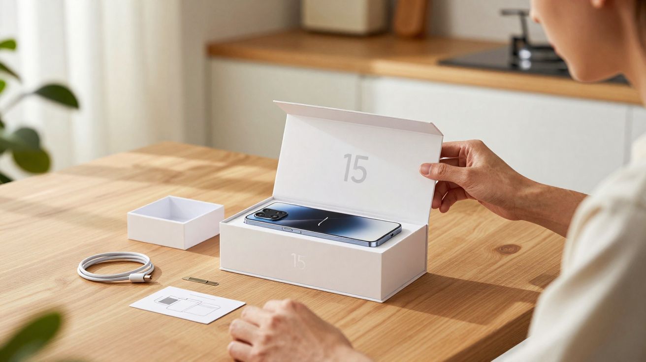 Pessoa abrindo caixa de smartphone Xiaomi 15, com cabo e chip sobre mesa de madeira clara.