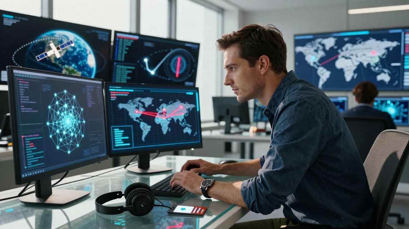 Homem concentrado trabalhando com mapas digitais e conexões globais em vários monitores de computador.