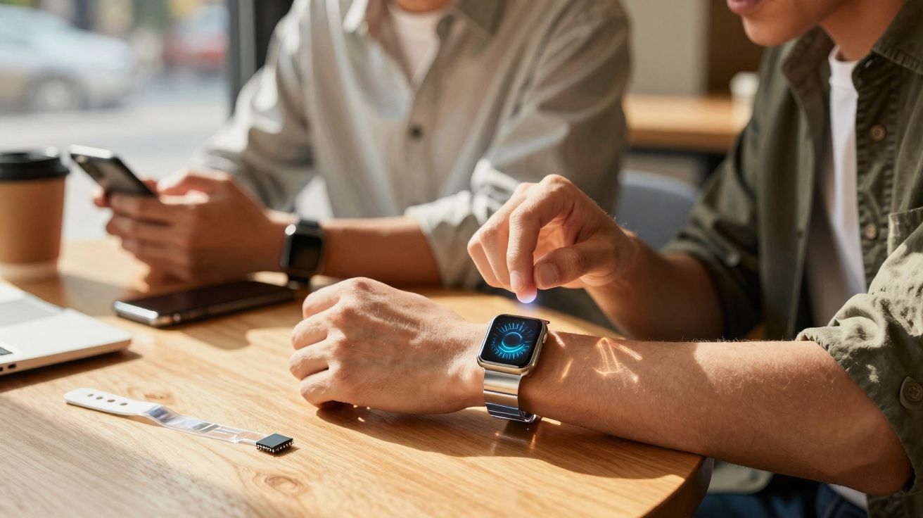 Pessoas usando smartwatch e smartphone em uma mesa de madeira, com acessórios de tecnologia espalhados.