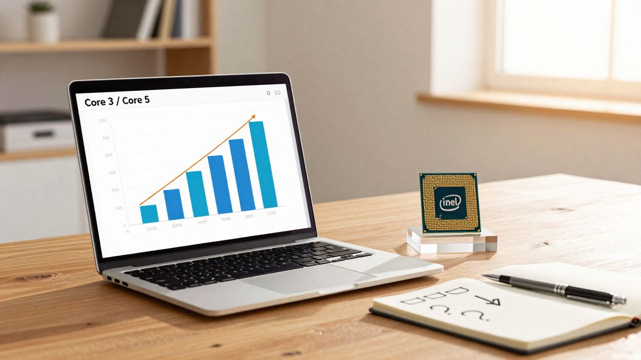 Notebook exibindo gráfico de barras crescentes ao lado de processador Intel, bloco de notas e caneta sobre mesa de madeira.