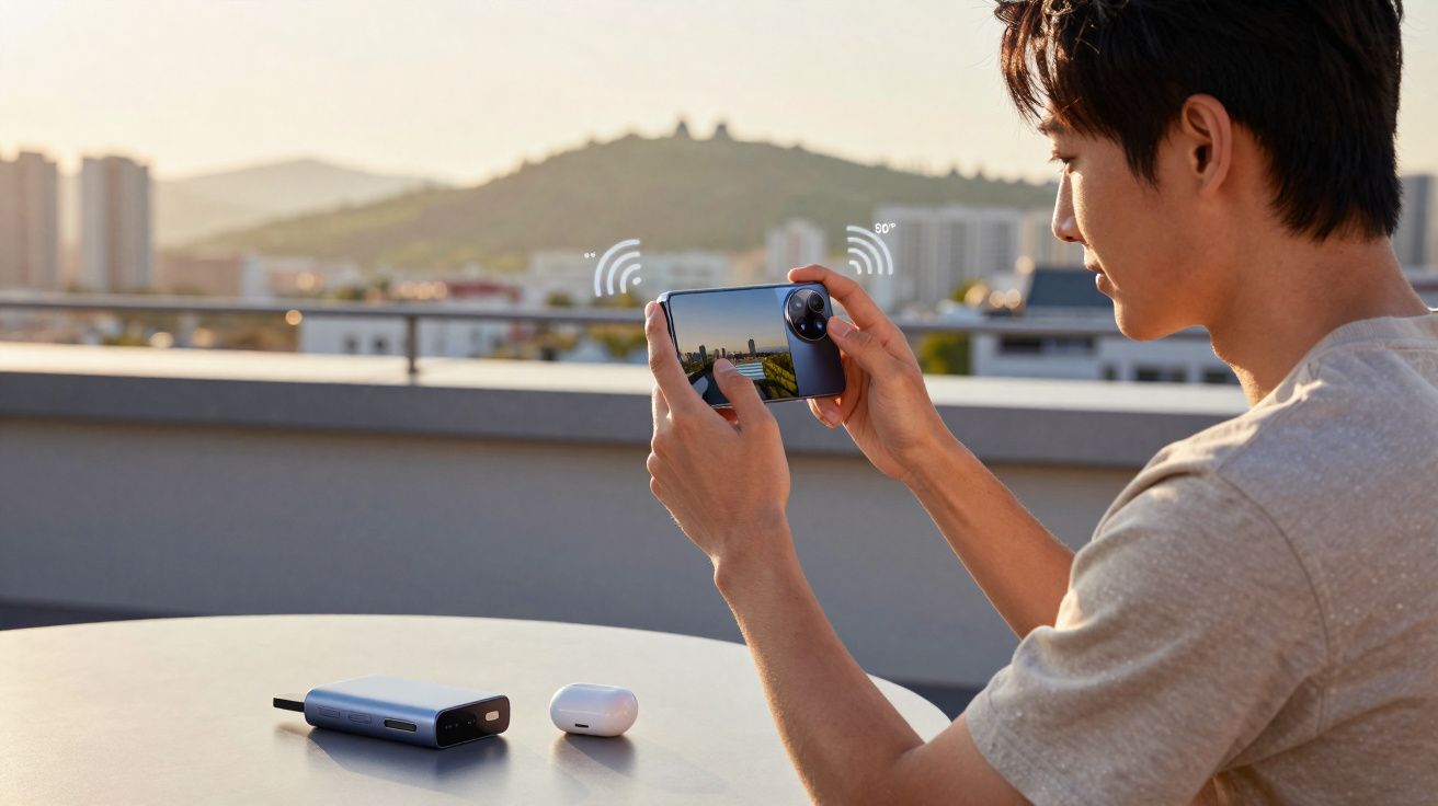 Jovem usando celular com objetos eletrônicos sobre mesa ao ar livre ao pôr do sol na cidade.