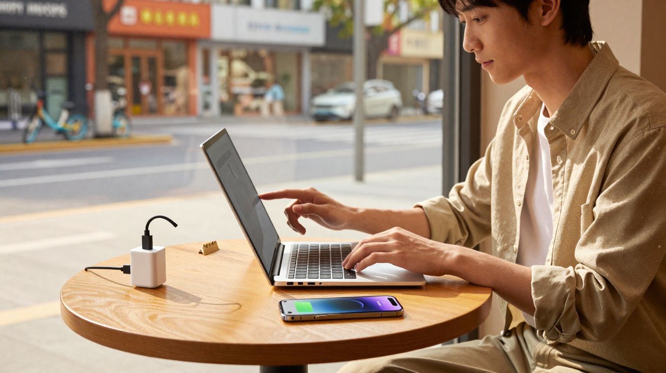 Homem usando laptop em mesa de madeira próxima a janela com celular carregando ao lado.