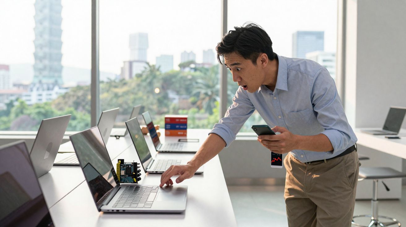 Homem surpreso usando smartphone e tocando laptop em escritório moderno com janelas amplas e vista urbana.