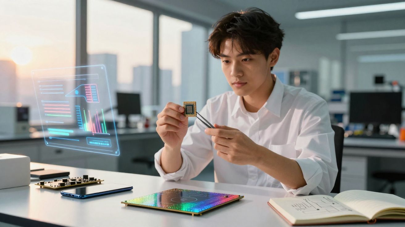 Jovem analisa chip eletrônico com pinça em escritório moderno com gráficos digitais ao lado.