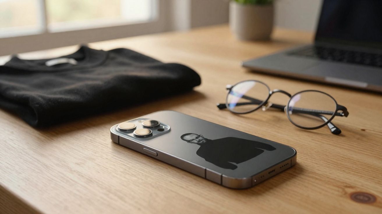 Smartphone com imagem refletida de homem de blusa preta sobre mesa de madeira junto a óculos, camiseta e notebook.