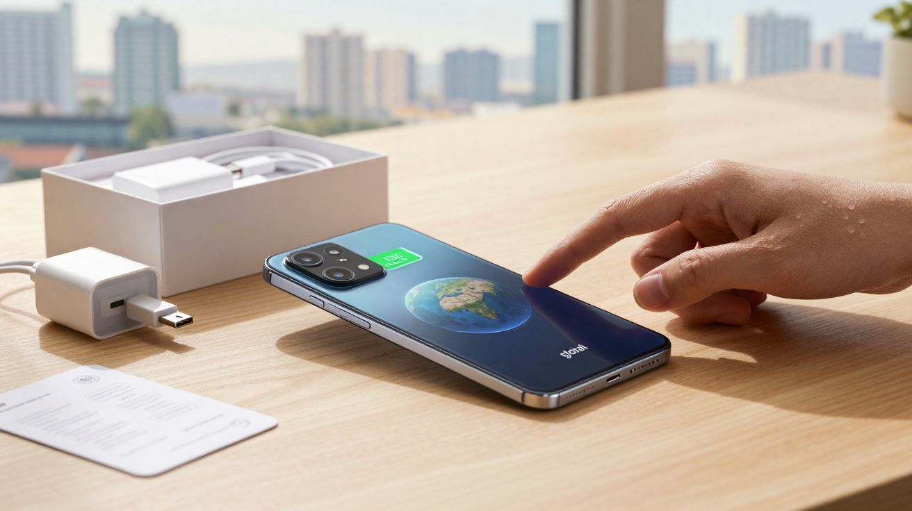 Mão tocando na tela de smartphone com imagem da Terra e carregador ao lado sobre mesa de madeira.