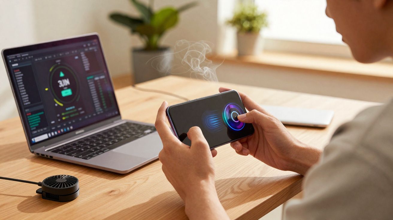 Pessoa jogando em smartphone conectado a um cooler portátil com notebook aberto em mesa de madeira.