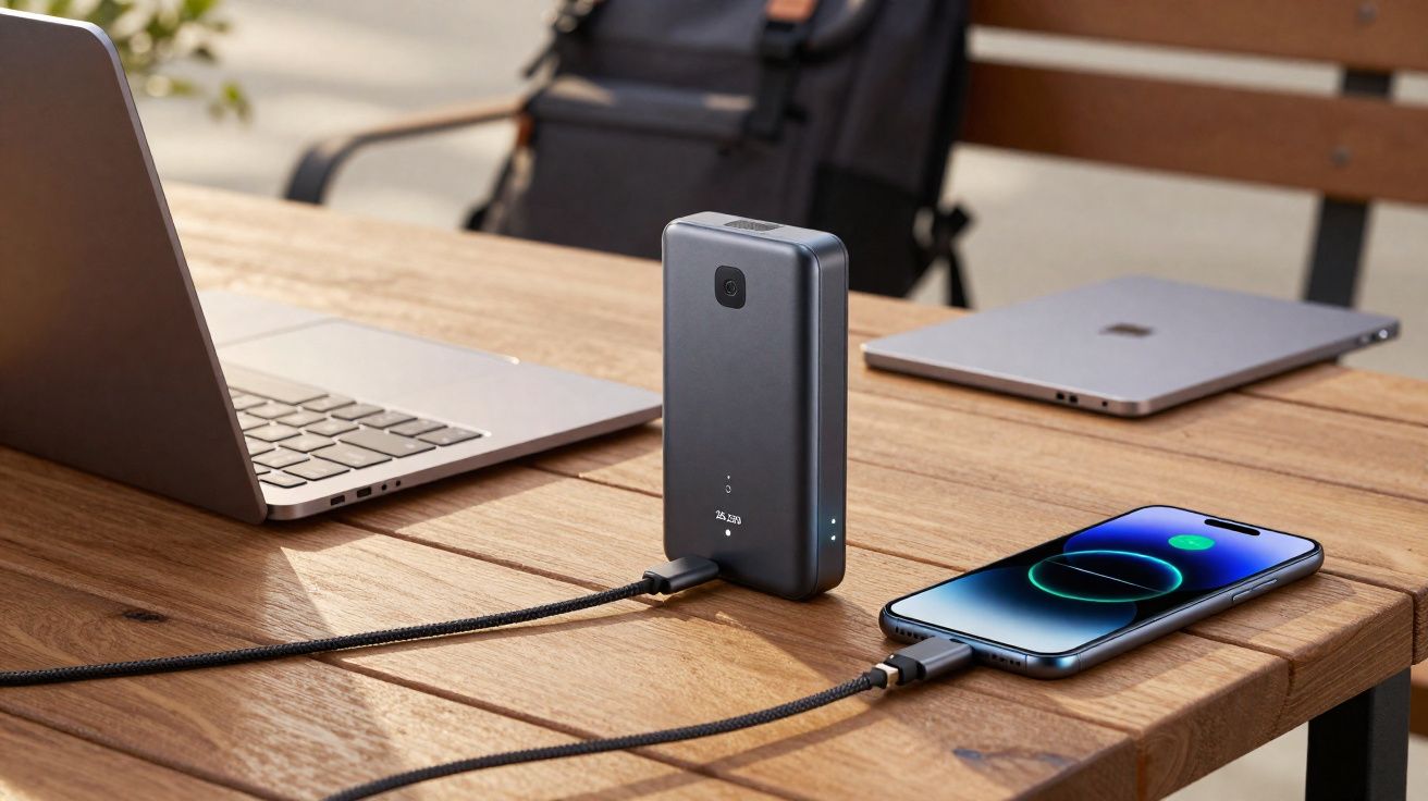Power bank preto carregando smartphone e laptop sobre mesa de madeira em ambiente externo.