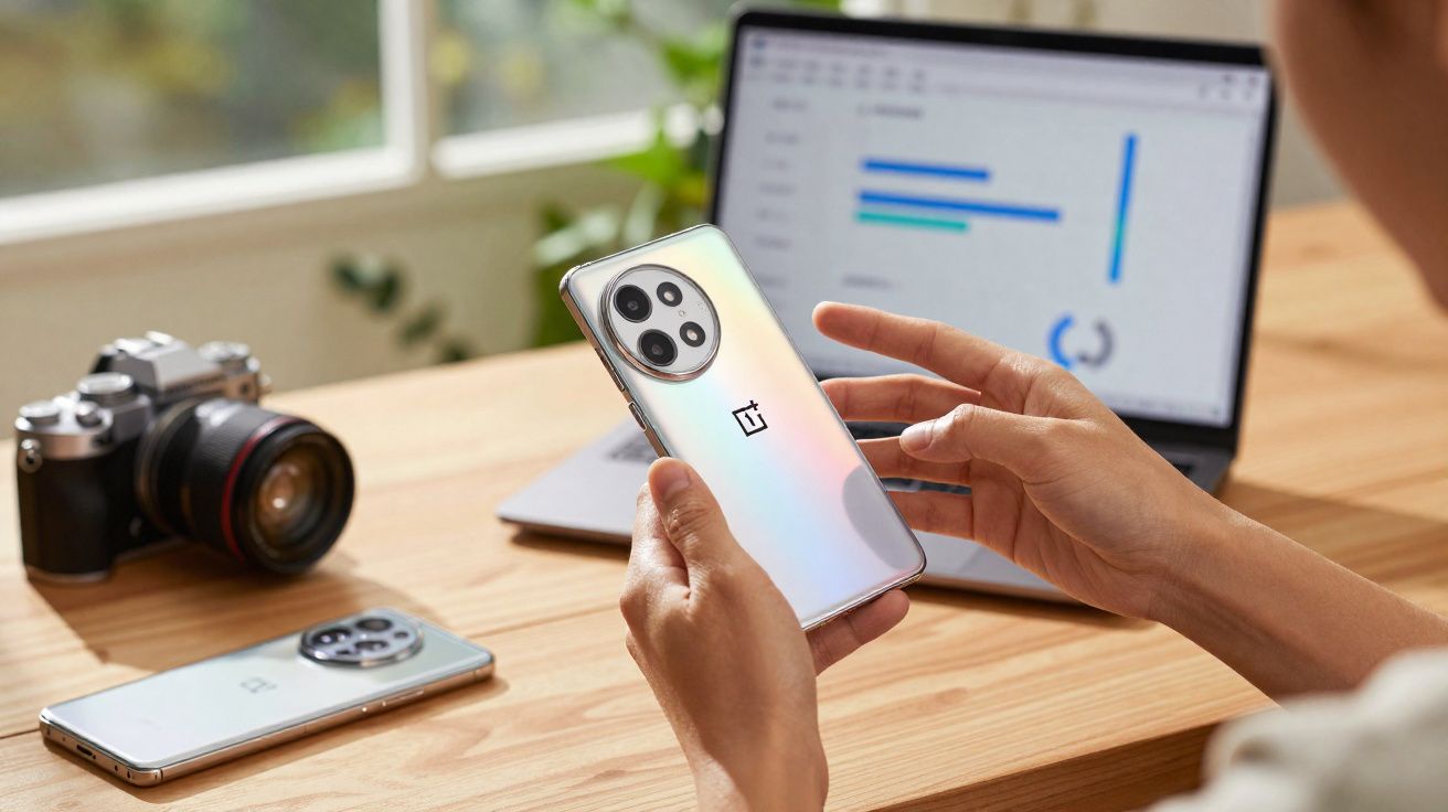 Pessoa segurando smartphone OnePlus prateado em mesa com notebook e câmera fotográfica.