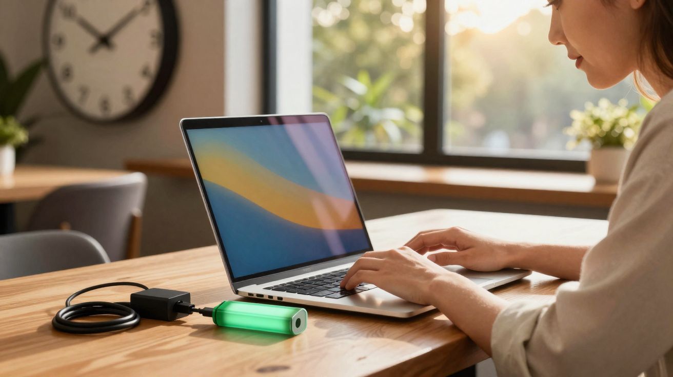 Pessoa usando laptop em mesa de madeira com carregador portátil verde conectado, fundo com janela e relógio na parede.