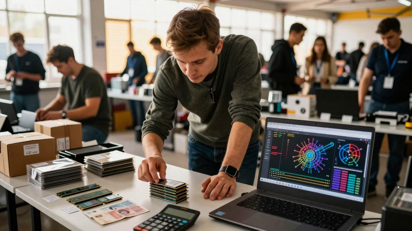 Jovem organiza peças eletrônicas na mesa com laptop mostrando gráficos coloridos em ambiente de trabalho.