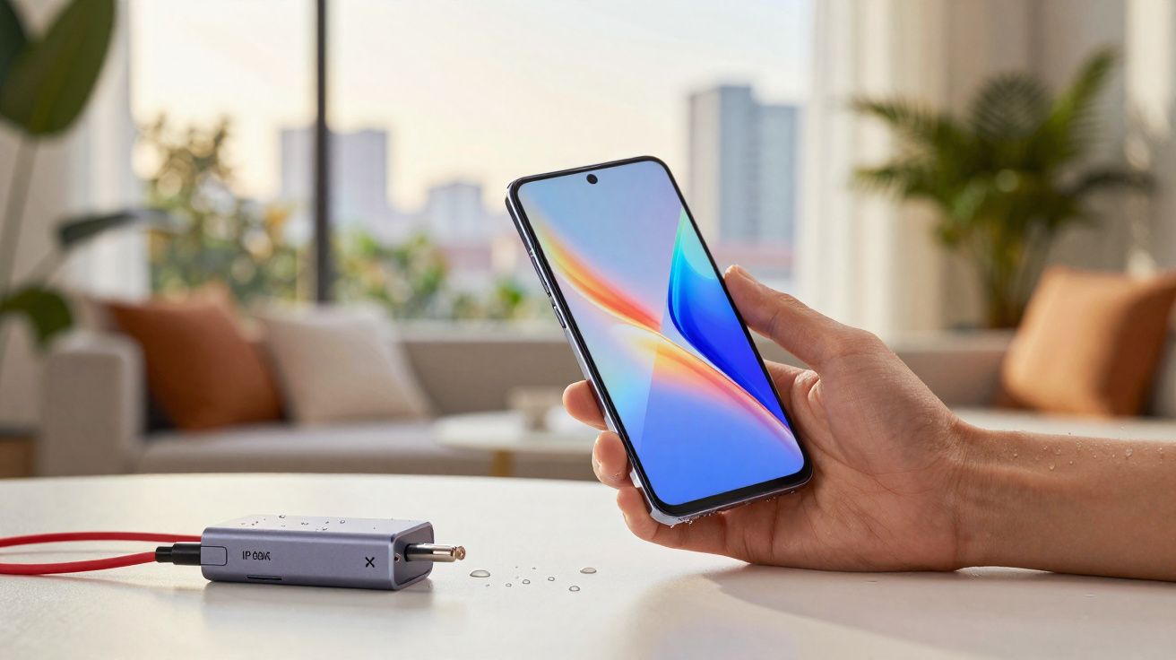 Mão segurando smartphone com tela colorida sobre mesa próxima a dispositivo eletrônico compacto.