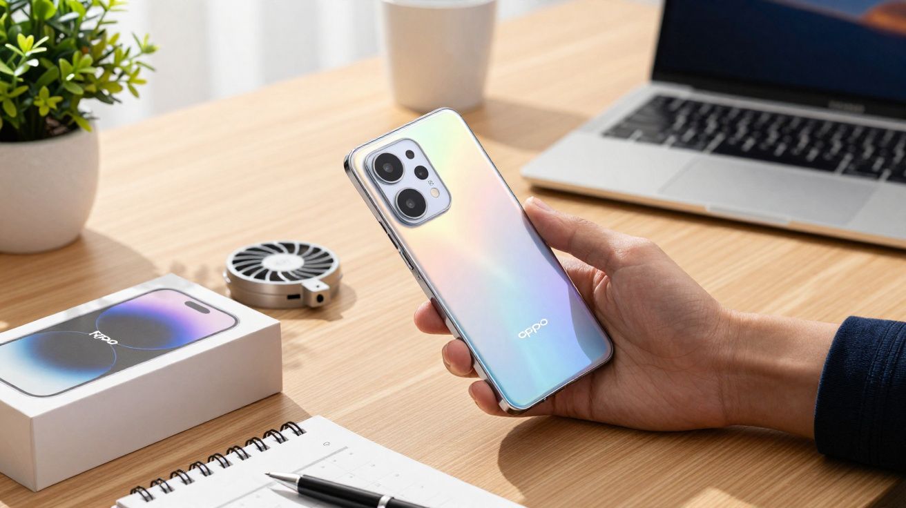 Mão segurando smartphone Oppo prateado refletivo sobre mesa com caixa, caderno, caneta, laptop e planta.