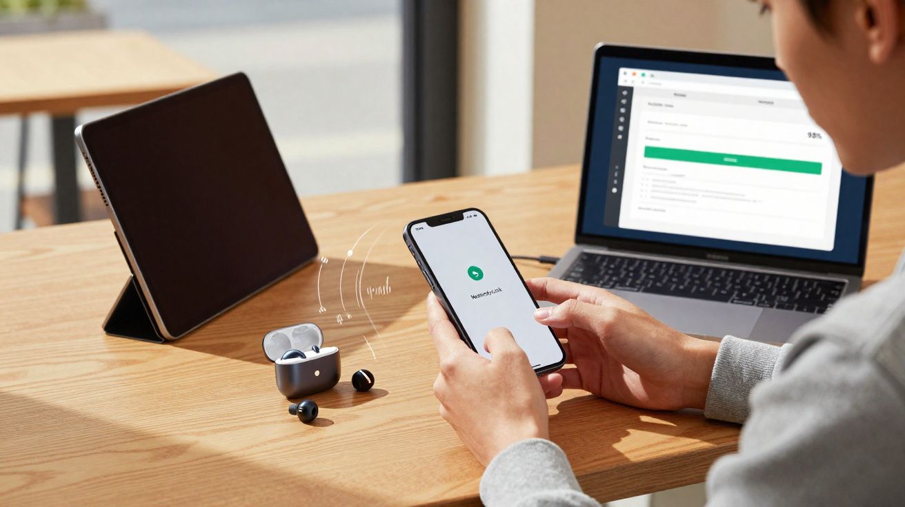 Pessoa usando smartphone com fones de ouvido sem fio, tablet e notebook sobre mesa de madeira.