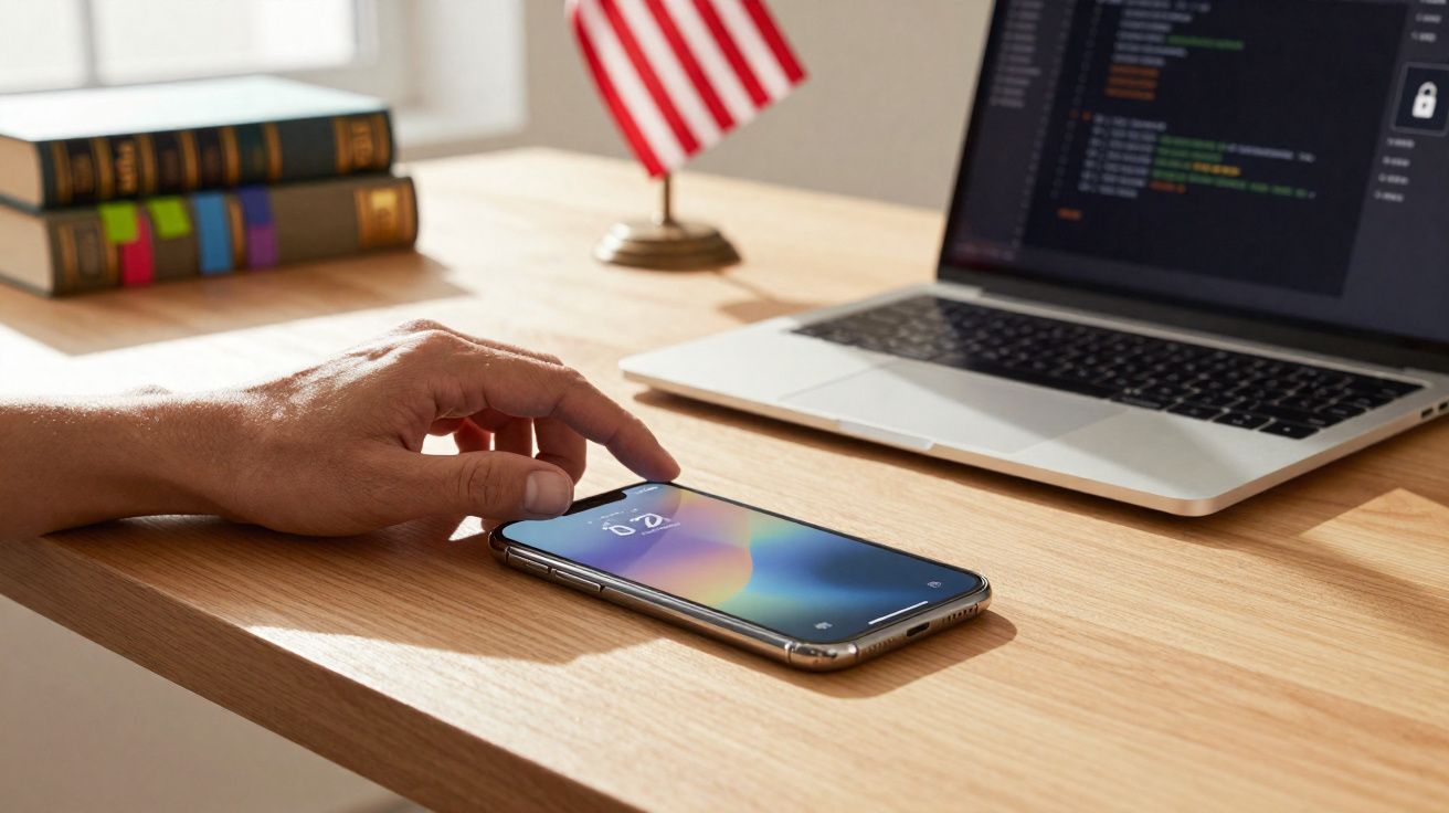 Mão tocando celular sobre mesa com notebook, livros e bandeira dos EUA ao fundo.