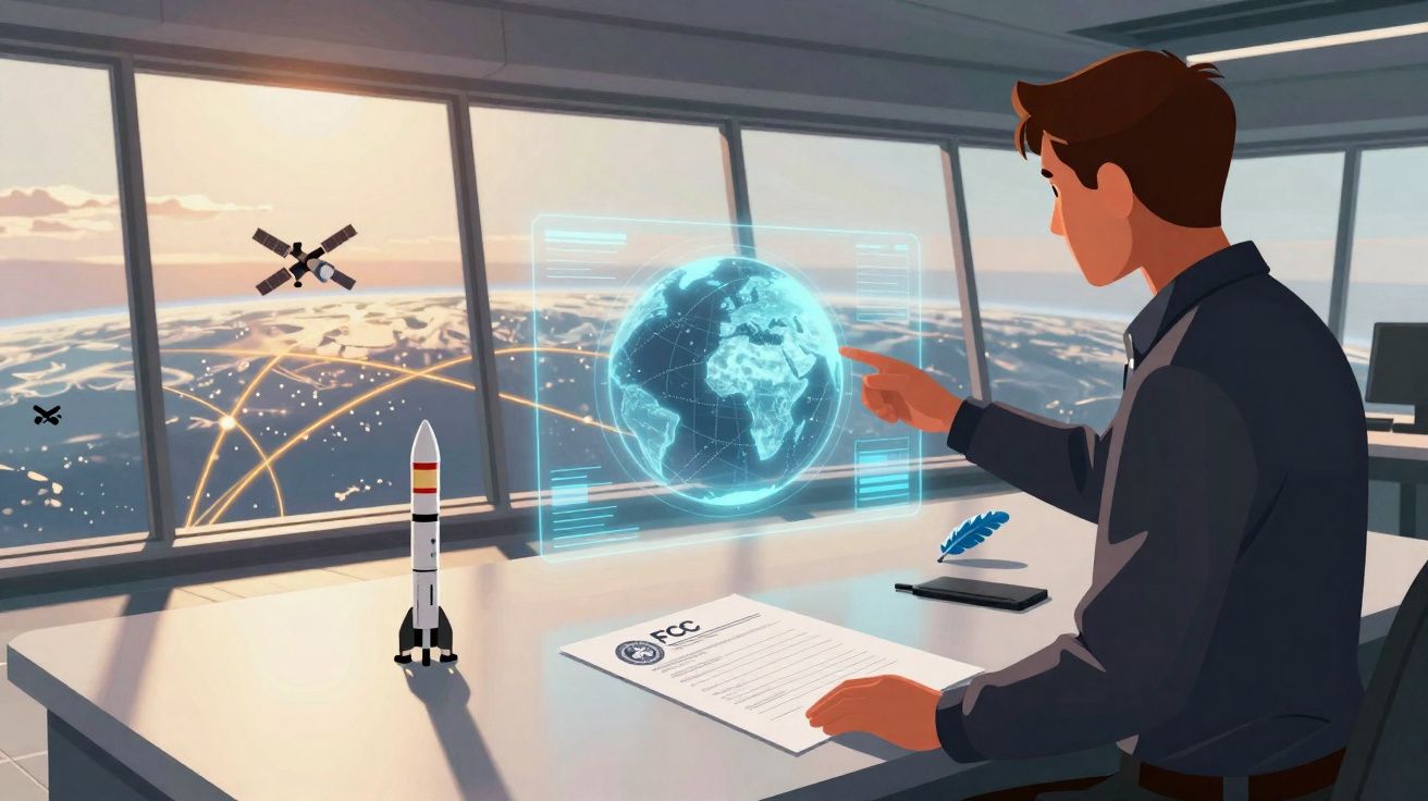 Homem em escritório apontando para holograma da Terra com foguete e satélite próximo à janela.