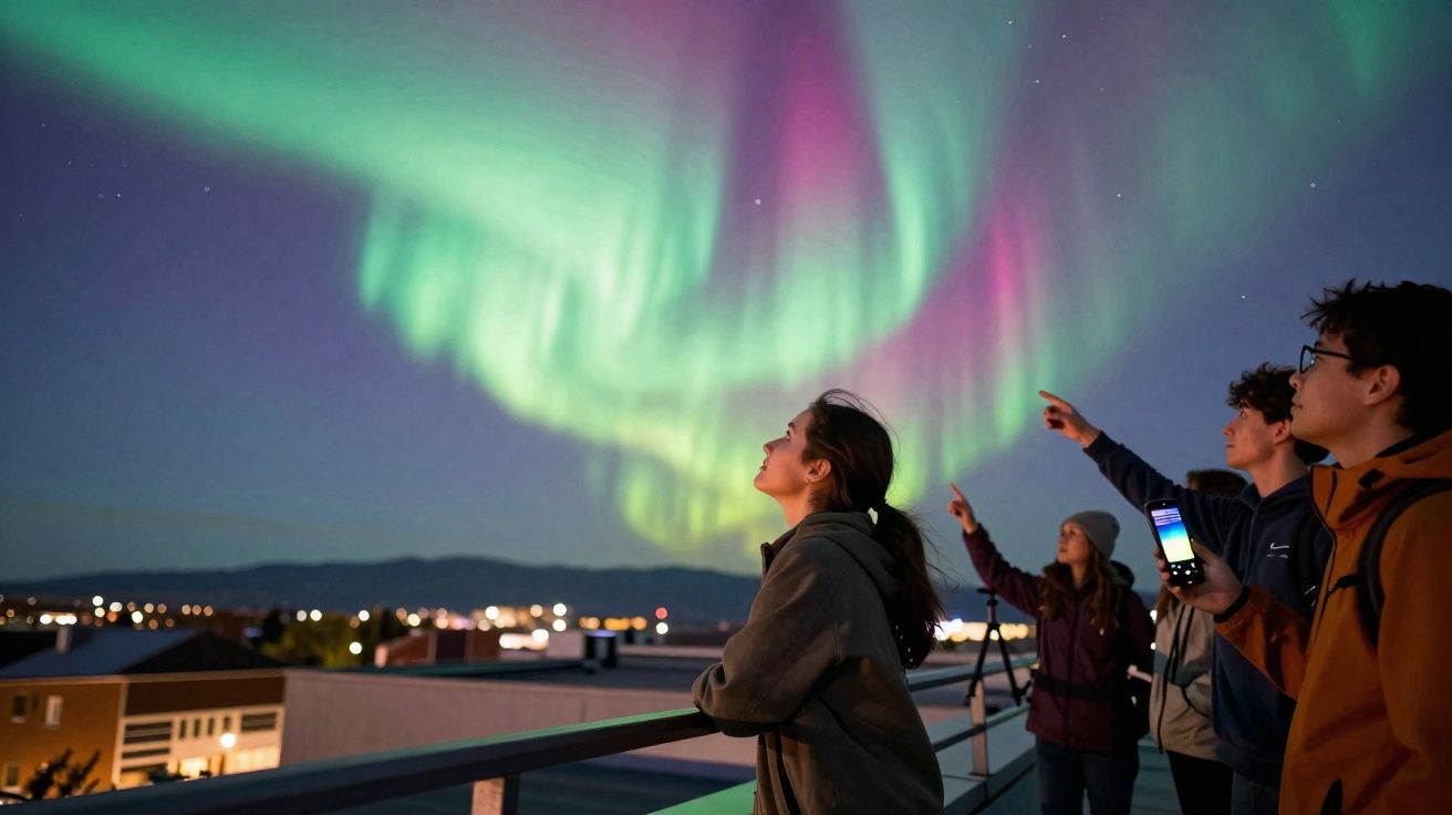 Pessoas observando a aurora boreal colorida no céu durante a noite em área urbana.