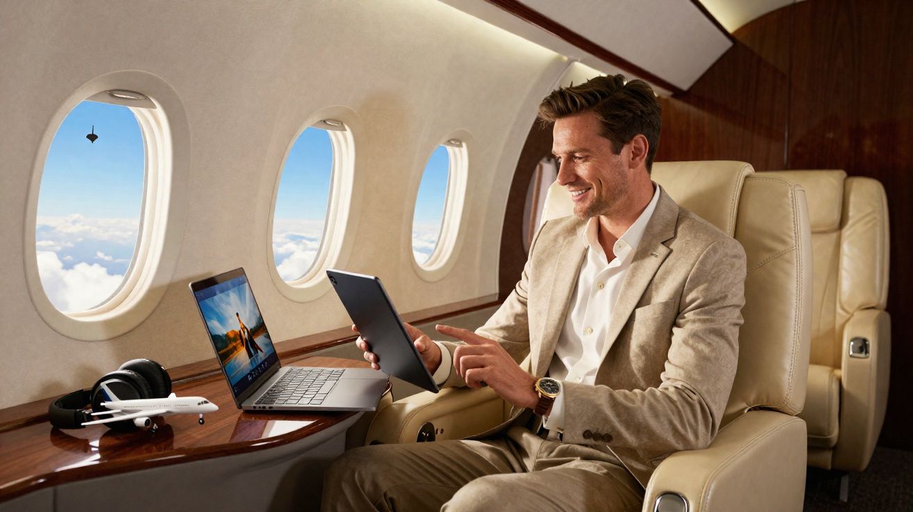 Homem sorridente usando tablet sentado em poltrona confortável dentro de jato particular.