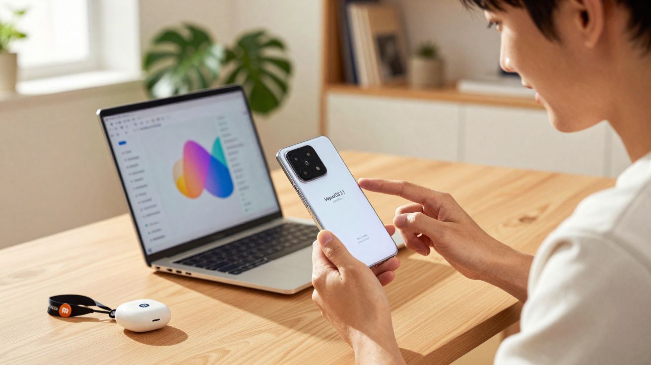 Pessoa segurando smartphone branco com logo Sprint em frente a notebook aberto sobre mesa de madeira.