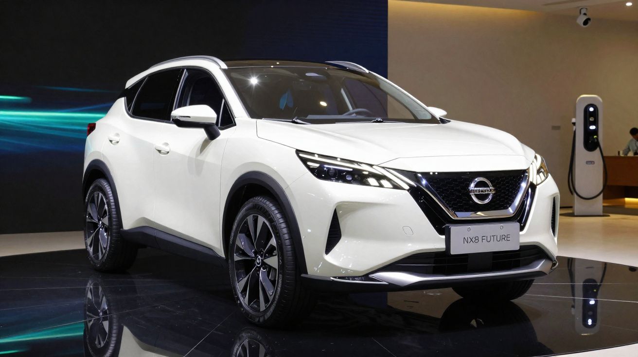 SUV compacto branco Nissan NX8 Future exposto em salão automotivo com carregador elétrico ao fundo.