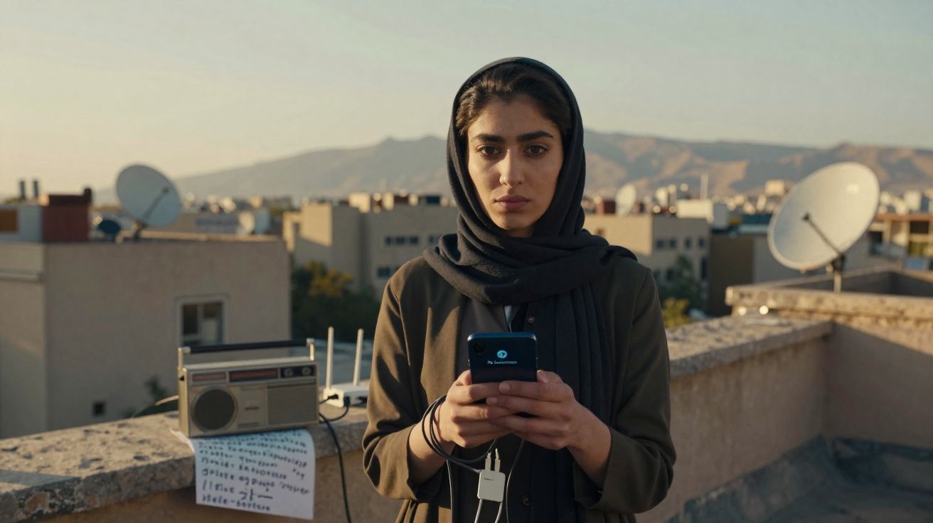 Mulher com hijab segura celular em terraço, rádio antigo e prédios ao fundo ao entardecer.