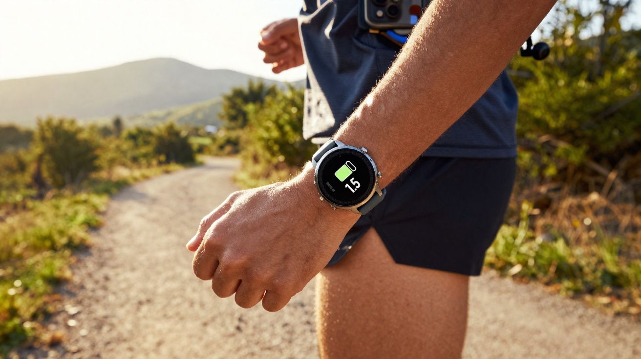 Pessoa caminhando em trilha ao ar livre com relógio esportivo mostrando distância percorrida.