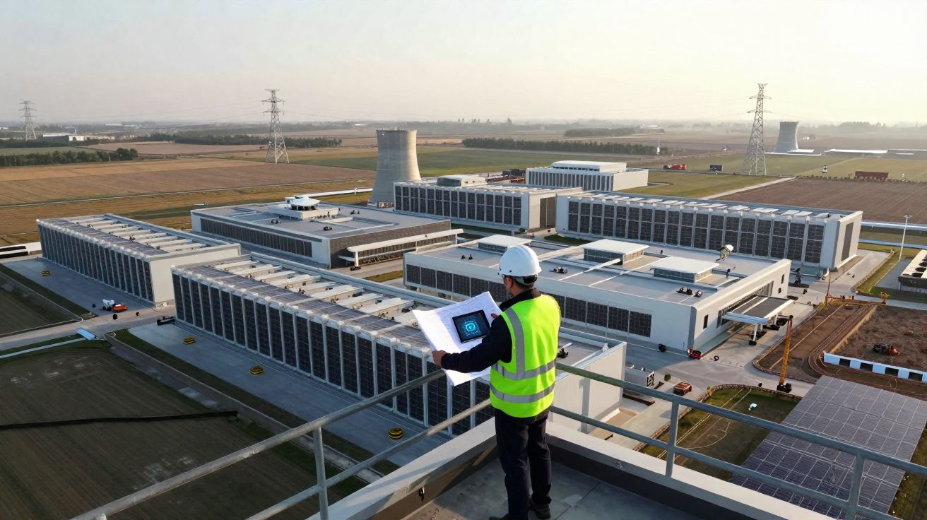 Engenheiro com colete e capacete revisa planta em plataforma, com complexo industrial ao fundo.
