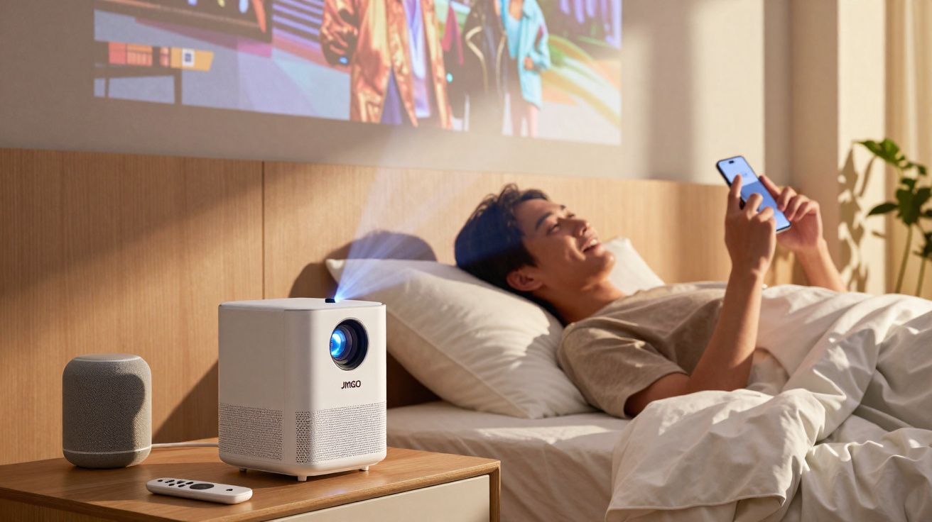 Homem deitado na cama usa celular enquanto projetor exibe imagem na parede do quarto.