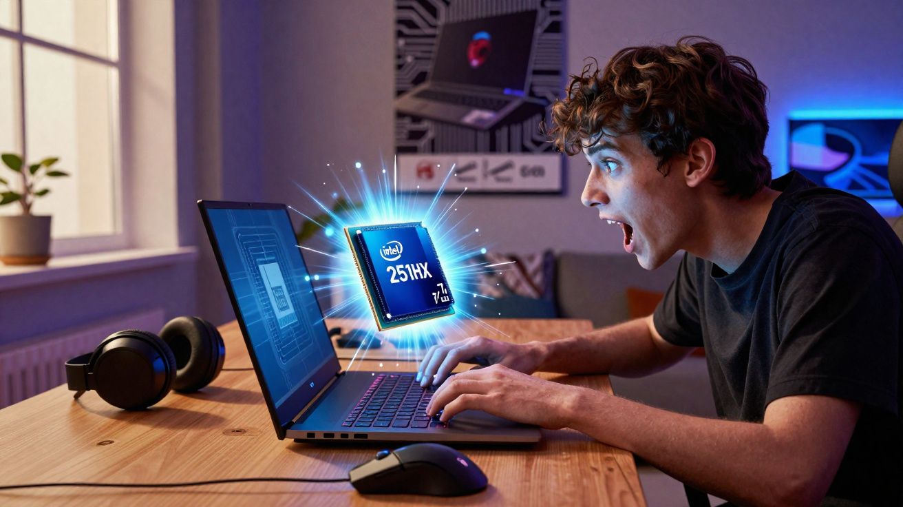 Jovem surpreso usando laptop com chip Intel 251HX destacado em holograma acima do teclado.