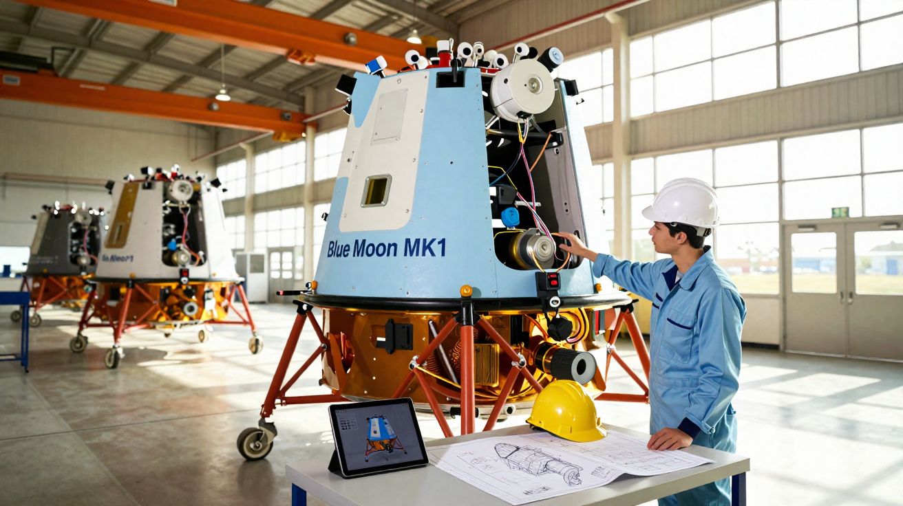Engenheiro inspeciona módulo lunar Blue Moon MK1 em fábrica com planta e capacete na mesa.
