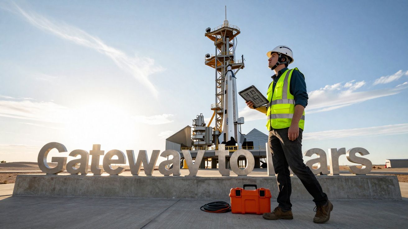 Homem com capacete e colete refletivo observa foguete na base de lançamento Gateway to Mars.