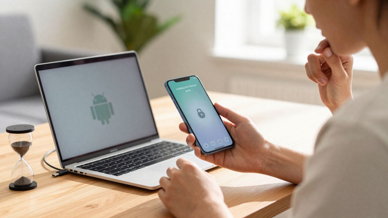 Pessoa usando celular com tela de desbloqueio ao lado de laptop com logo Android em mesa de madeira clara.