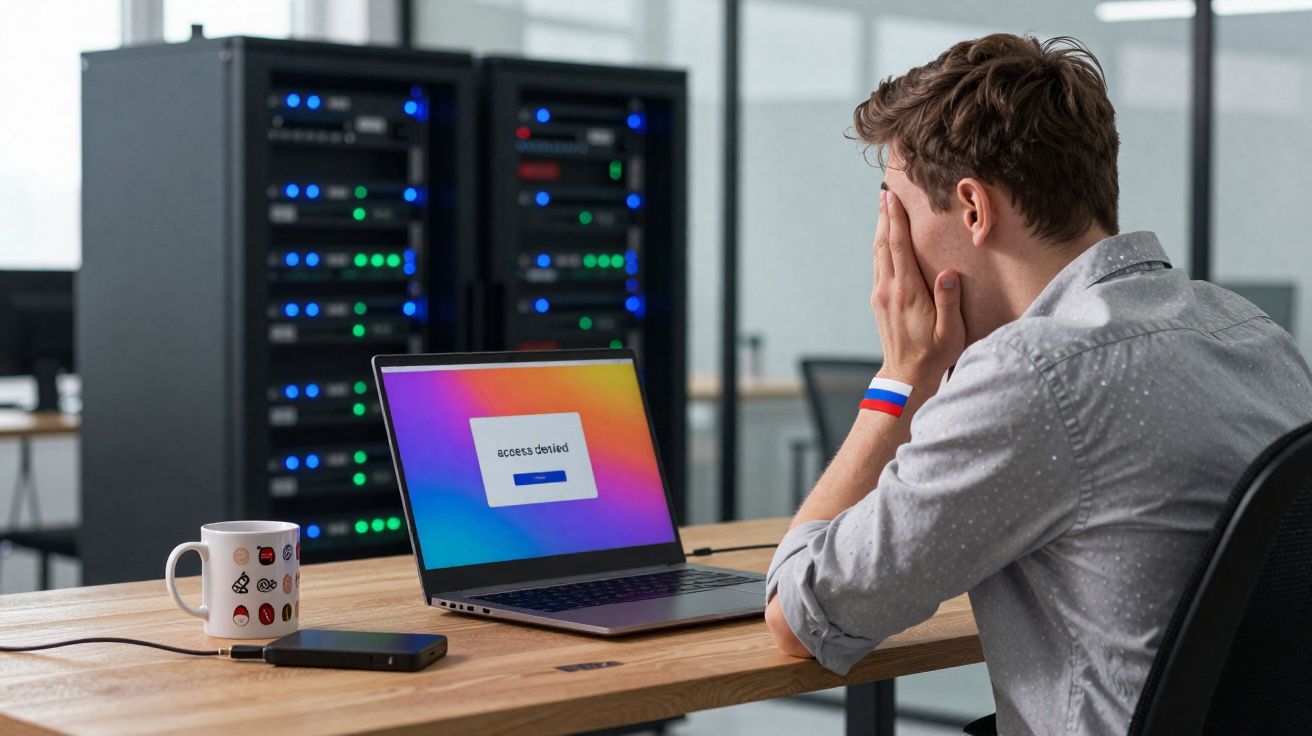 Homem preocupado com acesso negado em laptop, sentado em mesa com servidores ao fundo.