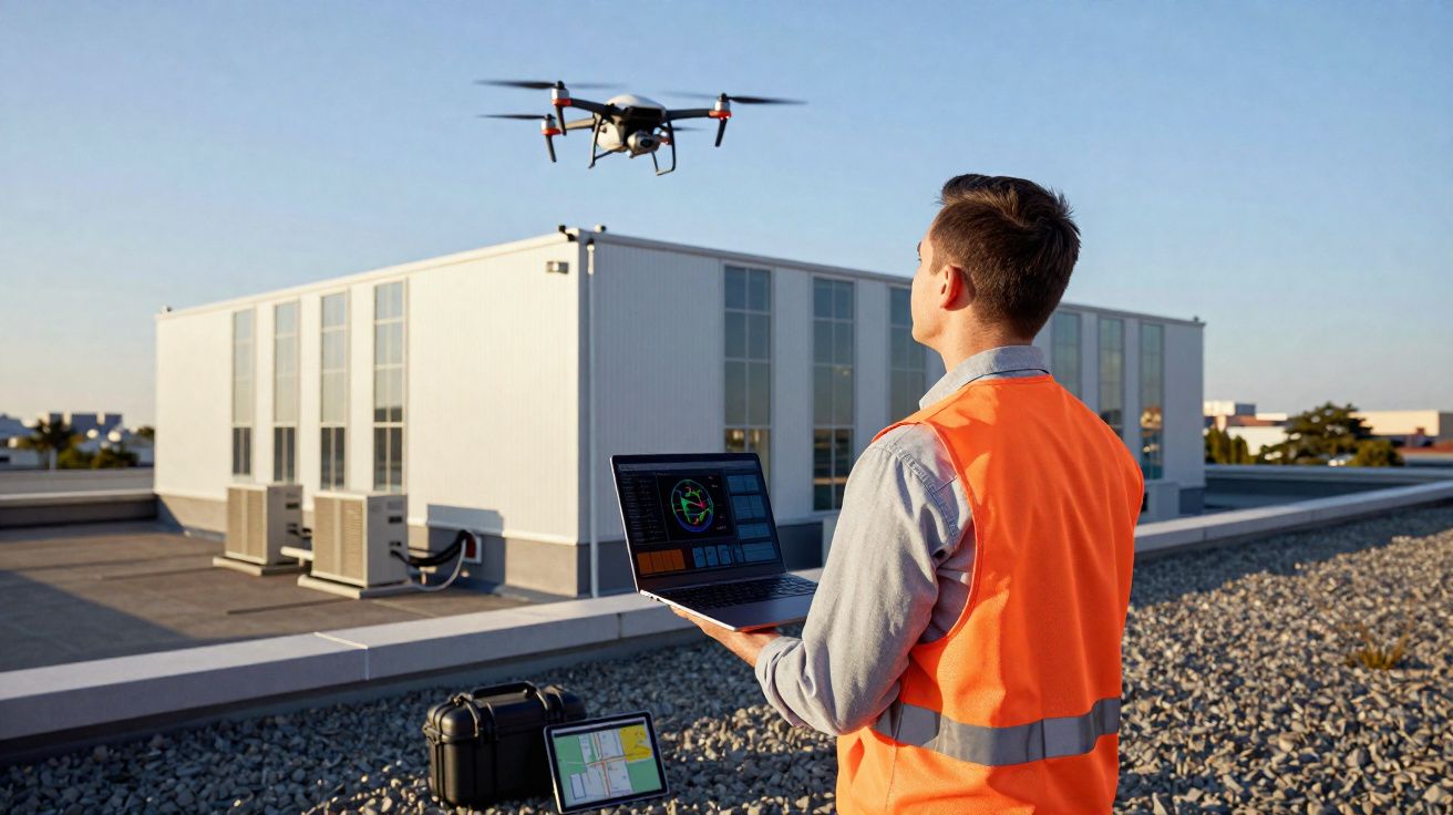 Homem com colete laranja controla drone com laptop na mão em telhado de prédio durante o dia.