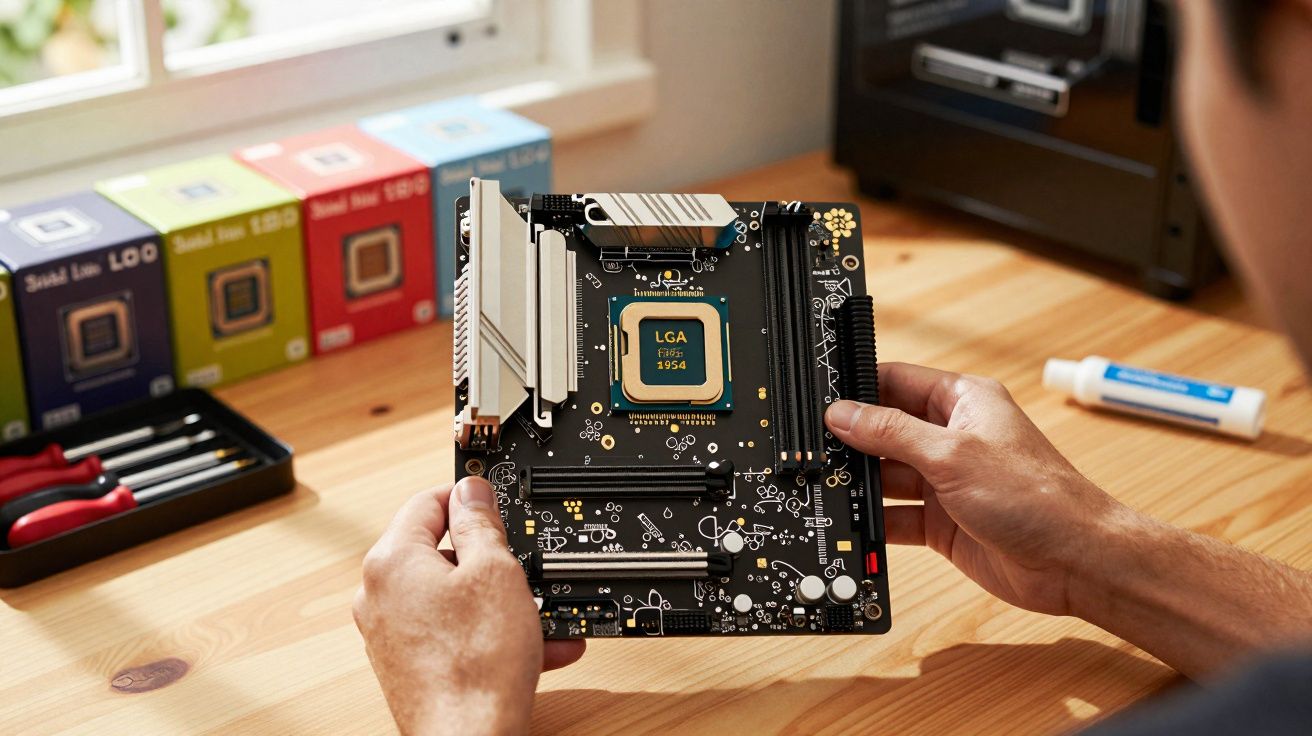 Pessoa segurando uma placa-mãe com socket LGA 1954 em mesa de madeira com ferramentas ao fundo.